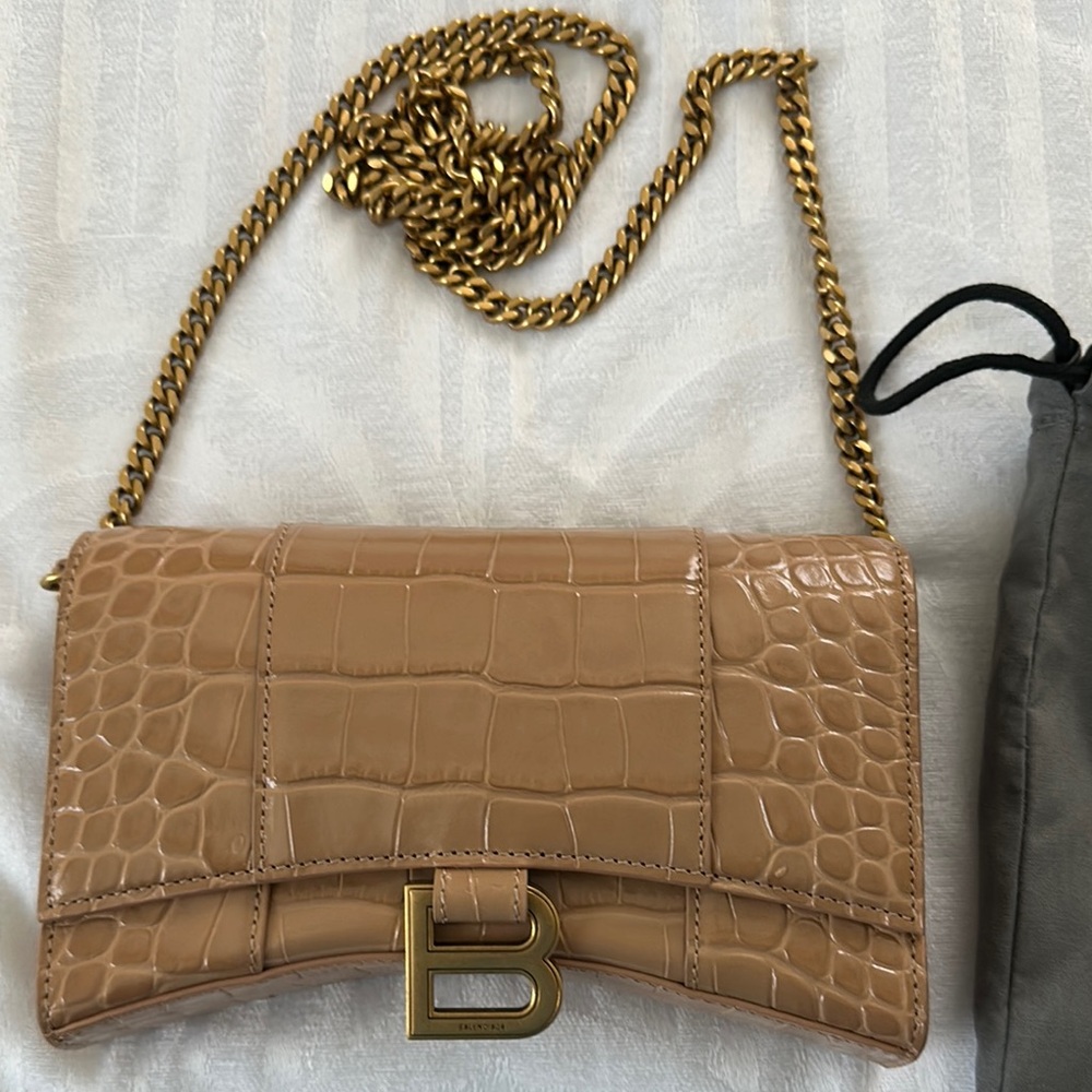 Balenciaga Tan and Gold Croc-Embossed Clutch